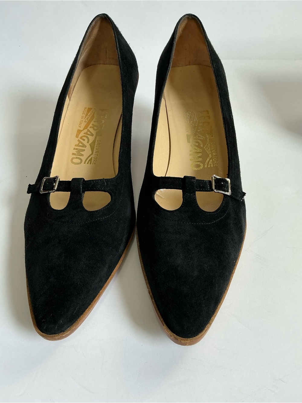 Salvatore Ferragamo Black Suede Pointed Mary Jane Heels